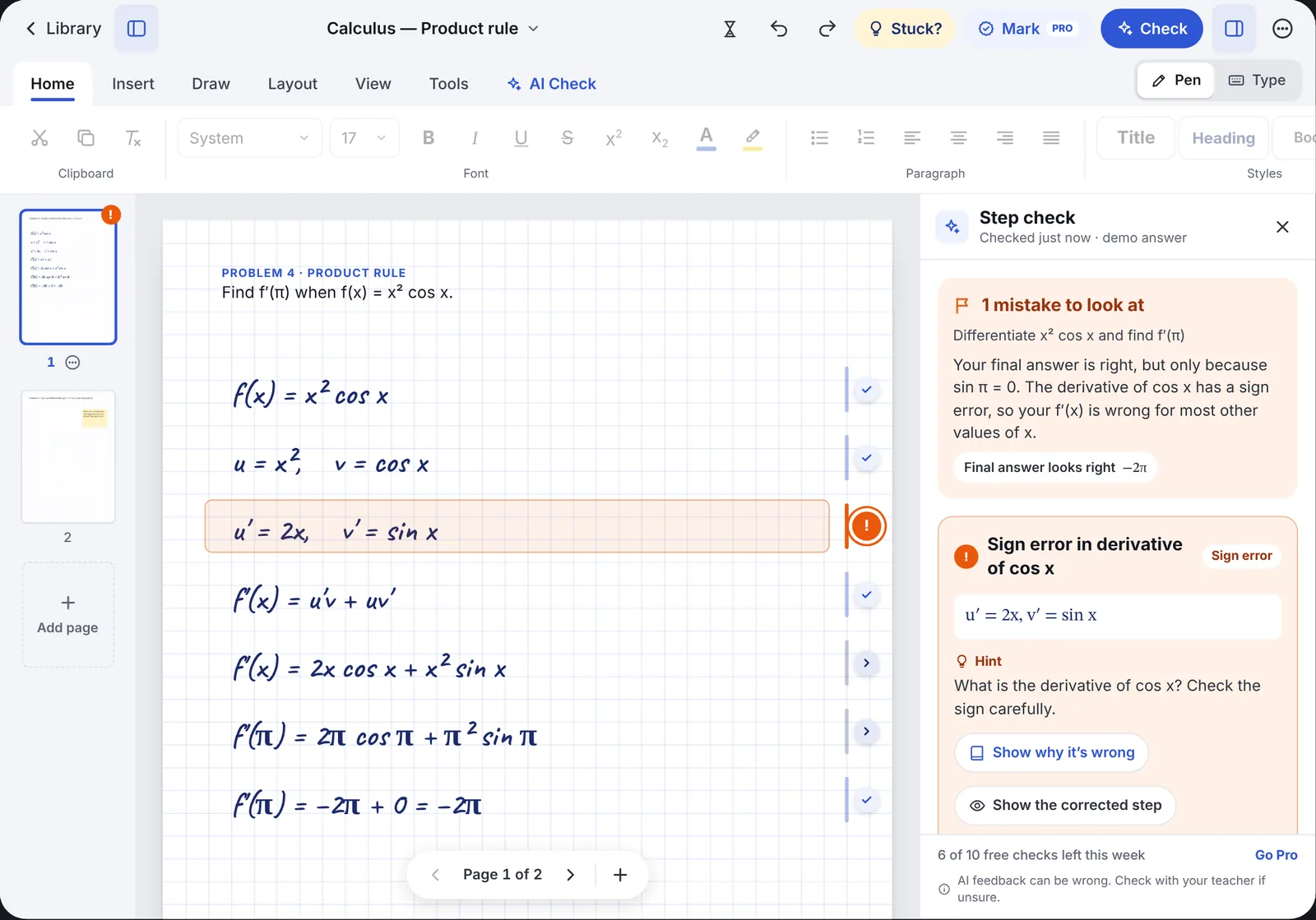 StudyCrest on iPad: handwritten calculus working with a step check explaining a sign error in the third line